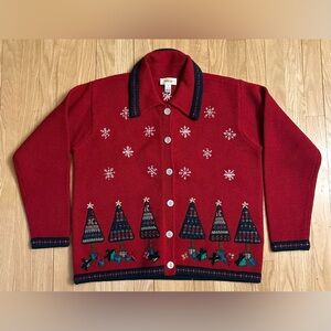 Talbots Red Wool Holiday Tree Snowflake Cardigan Sweater, Size Medium
